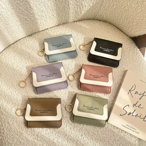 Women Mini Wallet PU Leather Foldable Purse Contrast Color Card Holder Key Ring Metal Chain Small Bag Ladies Wallet