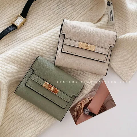 Women Vintage PU Leather Tri-fold Wallet With Metal Lock Short Solid Color Purse For Women Cards Money Organizer