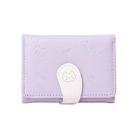 Billetera Corta Tríptica de Cuero PU con Relieve de Gato Lindo Cartera Pequeña Tarjetero Monedero con Correa de Hebilla