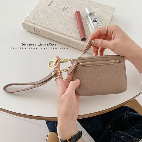 Women's PU Leather Coin Purse Small Wallet With Wrist Strap Keychain Multi-Slot Zipper Pocket Lychee Pattern Handheld Mini Bag