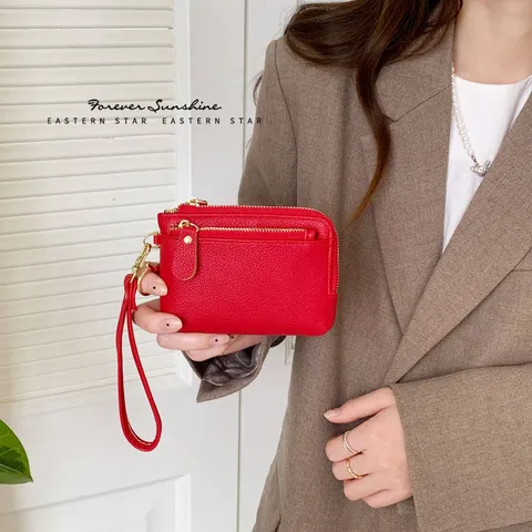 Women's PU Leather Coin Purse Small Wallet With Wrist Strap Keychain Multi-Slot Zipper Pocket Lychee Pattern Handheld Mini Bag