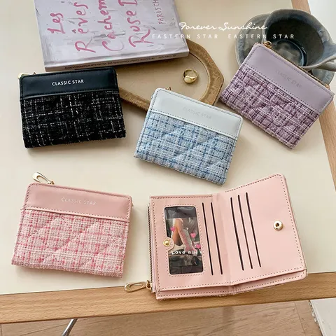 Elegant Tweed Patchwork PU Leather Short Wallet With Zipper Card Slots Bifold Coin Purse For Women Students Daily Matching