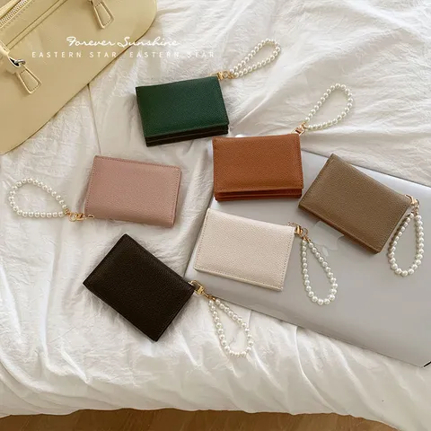Damen Litschimuster PU Leder Geldbörse Minimalistische Kartenhalter Geldtasche Mit Eleganter Perlen Handschlaufe