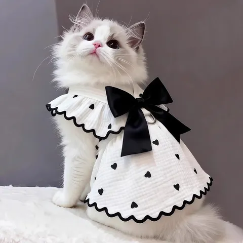 Cute Bowknot Heart Print Cat Dress Spring Summer Thin Princess Pet Skirt with Traction Ring for Small Dogs Cats Apparel