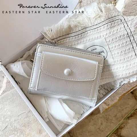 Women Short Bi-fold Wallet Crinkle PU Leather Zipper Coin Purse Multi Card Slot Stylish Minimalist Female Clutch Wallet