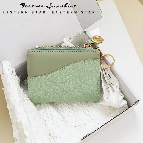 Damen Mini Bifold Geldbörse INS Stil PU Leder Kartenhalter Mit Goldbohnen Anhänger Schlüsselanhänger Einfarbige Kleine Brieftasche