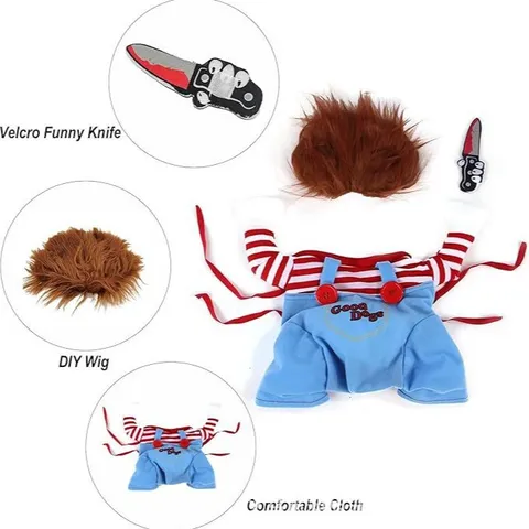 Funny Halloween Pet Dog Costume Killer Doll Cosplay Clothes Polyester Puppy Cat Party Apparel With Wig And Foam Knife