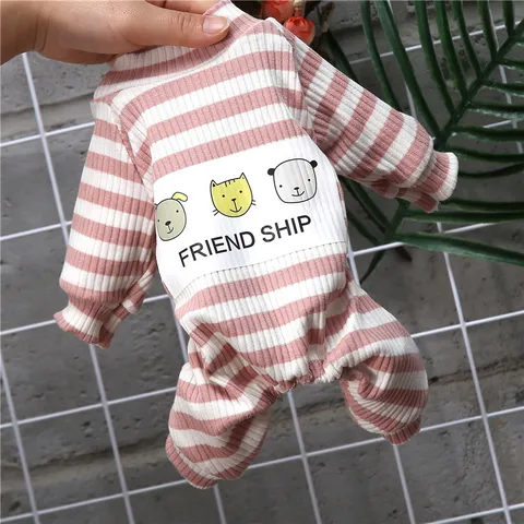 Cute Striped Cartoon Print Polyester Pet Pajamas Four Legged Warm Pet Clothes For Small Dogs And Cats Autumn Winter