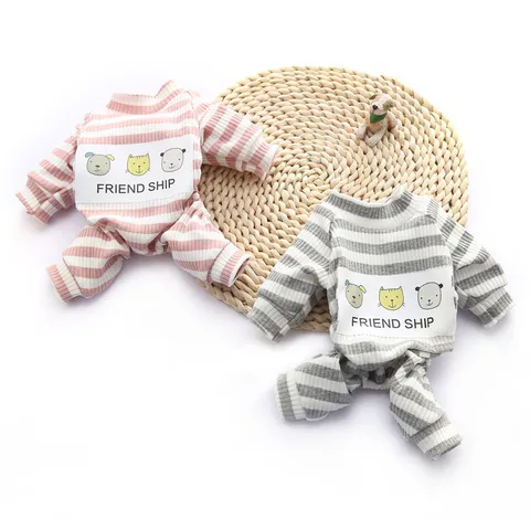 Cute Striped Cartoon Print Polyester Pet Pajamas Four Legged Warm Pet Clothes For Small Dogs And Cats Autumn Winter