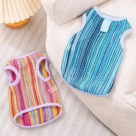 Pet Summer Breathable Mesh Vest Small Dogs Cats Cute Ethnic Striped Puppy Clothes With Traction Ring