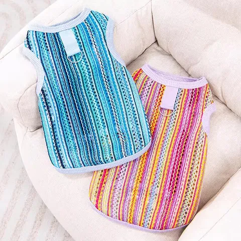 Pet Summer Breathable Mesh Vest Small Dogs Cats Cute Ethnic Striped Puppy Clothes With Traction Ring