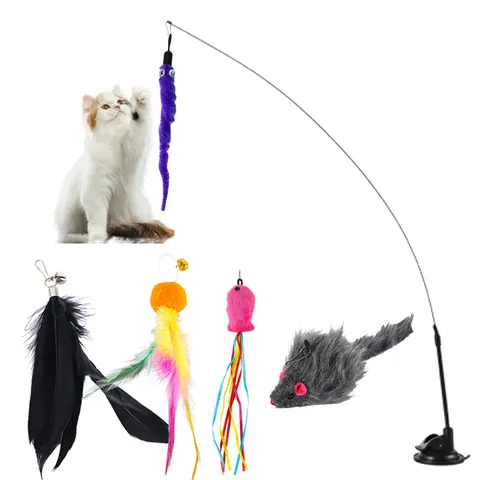 Juego de Juguetes para Gatos Ventosa Resorte Pluma Gusano Ratón Cabezales de Repuesto