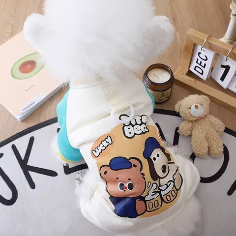 Pet Dog Fleece Clothes Four-Legged Warm Winter Apparel Cute Bear Print Small Dog Coat Thickened Cold Weather Dog Outfit