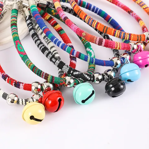 Ethnic Style Woven Pet Cat Dog Collar Adjustable Neck Strap with Colorful Bell Cute Pet Accessories Wholesale