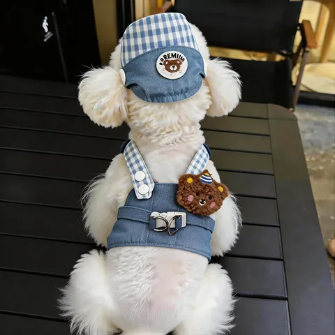 Conjunto de Arnés y Correa para Perro con Sombrero de Sol Lindo Denim Oso Diseño de Cuadros Ropa para Cachorros Perros Pequeños Gatos