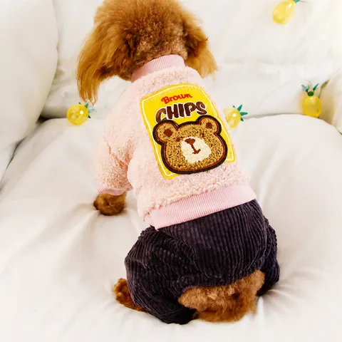 Pet Dog Clothes Warm Fleece Four-Legged Apparel Cute Bear Patch Thickened Winter Puppy Outfit For Small Dogs And Pets