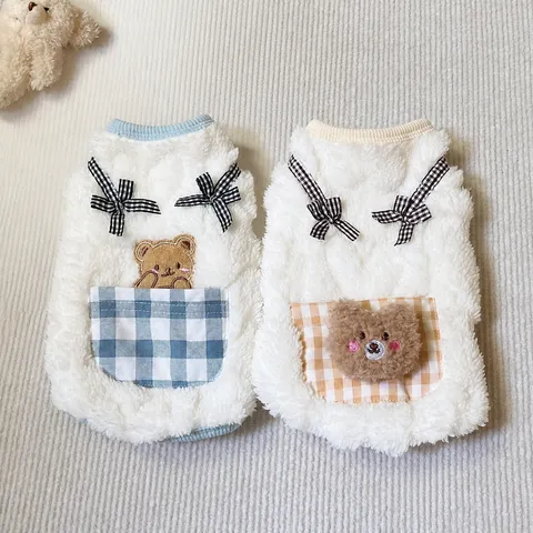 Pet Dog Vest Autumn Winter Warm Fleece Clothes Cute Bear Plaid Bow Small Dogs Puppy Cat Apparel Pet Clothing
