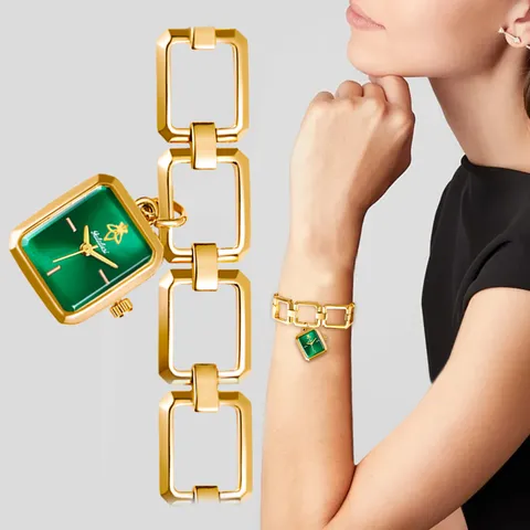 Yalalusi Reloj de Cuarzo para Mujer Correa de Cadena Hueca Colgante Moda Esfera Rectangular Lujo Reloj de Pulsera Joya