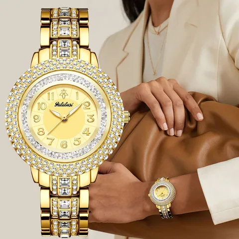 Yalalusi Reloj de Cuarzo para Mujer Lujo Oro Plata Diamantes de Imitación Vestido Reloj Impermeable Casual Analógico Reloj de Pulsera Joyería