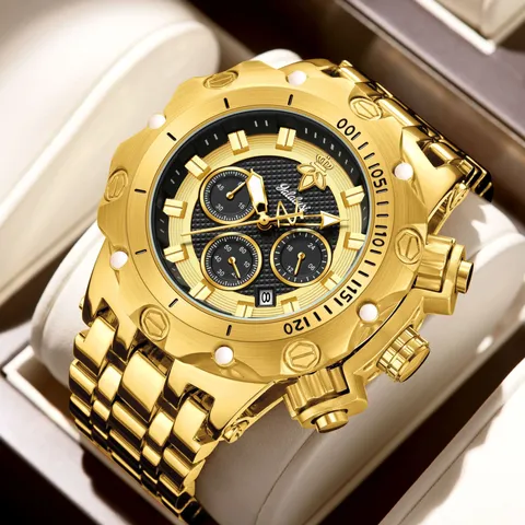 Luxury Men's Quartz Watch Multifunctional Three-Eye Chronograph Gold Waterproof Business Wristwatch With Alloy Band