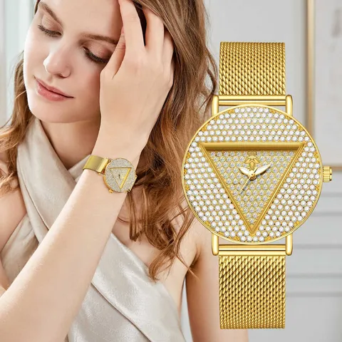 Reloj de Cuarzo para Mujer Esfera Triangular de Lujo Strass Correa de Malla de Acero Inoxidable Reloj Casual