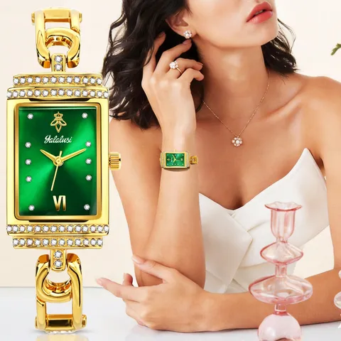 Yalalusi Reloj de Mujer Cuarzo Cuadrado Lujo Elegante Esfera Strass Reloj de Pulsera de Cadena de Aleación Casual de Moda