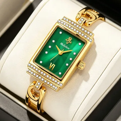 Yalalusi Reloj de Mujer Cuarzo Cuadrado Lujo Elegante Esfera Strass Reloj de Pulsera de Cadena de Aleación Casual de Moda