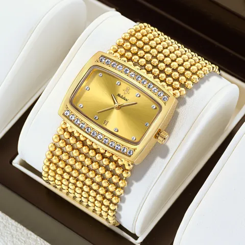 Reloj de Cuarzo con Diamantes de Imitación para Mujer Reloj de Pulsera Casual Impermeable con Esfera Rectangular y Correa de Cadena de Cuentas de Aleación de Lujo