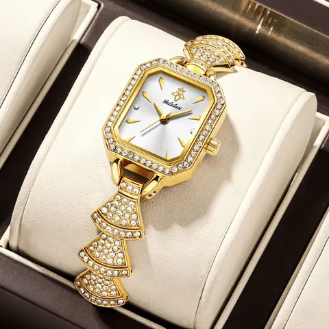 Montre Bracelet Quartz Femme Luxe Alliage Cadran Carré Strass Incrusté Étanche Mode Décontracté Robe Montre Poignet
