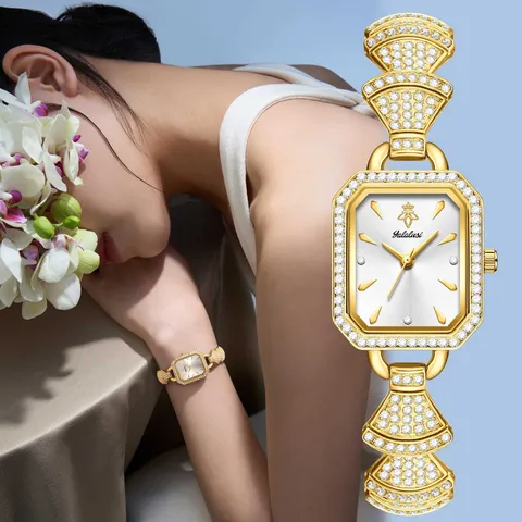 Montre Bracelet Quartz Femme Luxe Alliage Cadran Carré Strass Incrusté Étanche Mode Décontracté Robe Montre Poignet
