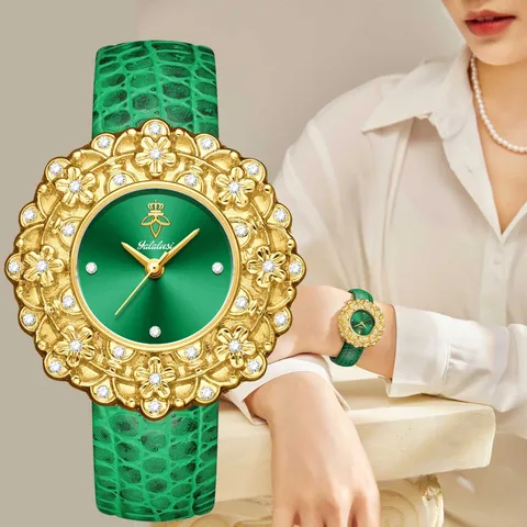 Reloj de Cuarzo de Lujo para Mujer Bisel de Flores de Estrass Correa de Cuero Esfera Esmeralda