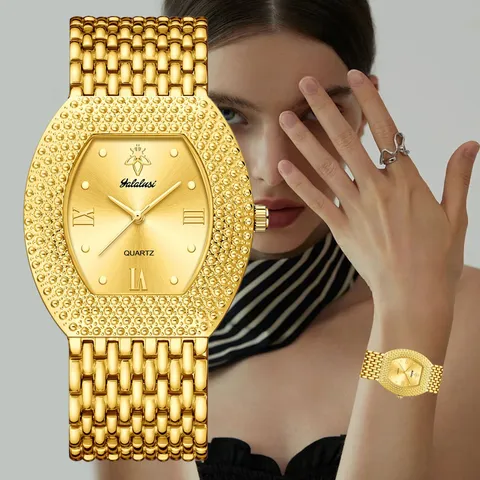Reloj de Cuarzo Tonneau de Lujo Mujer Estrás Esfera Grande Impermeable Correa de Aleación Reloj de Pulsera