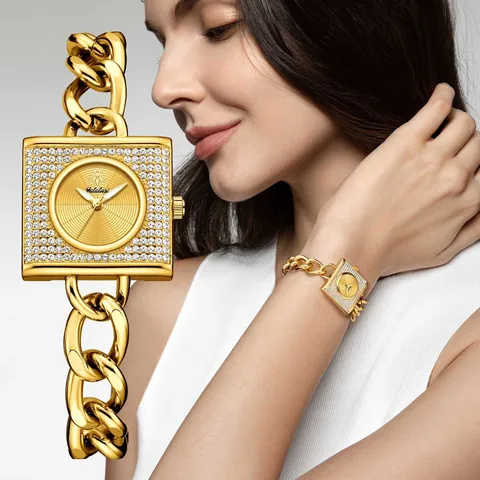 Reloj de Cuarzo de Lujo para Mujer Esfera Cuadrada de Diamantes Correa de Cadena Metálica Reloj de Pulsera de Moda