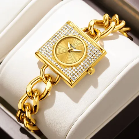 Reloj de Cuarzo de Lujo para Mujer Esfera Cuadrada de Diamantes Correa de Cadena Metálica Reloj de Pulsera de Moda
