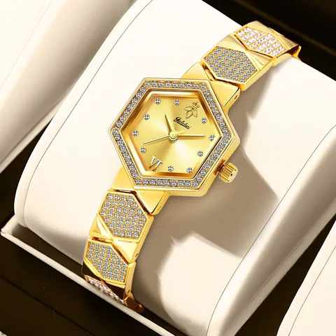 Reloj de Cuarzo para Mujer Lujo Strass Esfera Geométrica Caja de Aleación Correa de Aleación de Zinc Reloj de Pulsera Casual de Moda