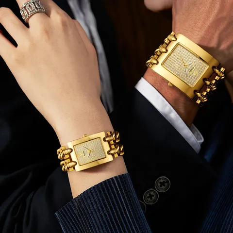 Reloj de Cuarzo de Pareja de Moda Aleación Esfera de Strass Doble Cadena Correa de Metal Reloj de Lujo Para Hombres y Mujeres