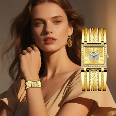 Reloj de Mujer Cuadrado de Lujo con Diamantes Bañado en Oro y Plata Esfera de Números Romanos Reloj de Pulsera de Cuarzo de Strass