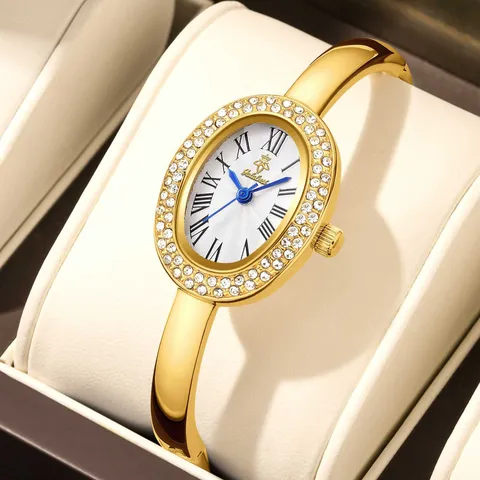 Reloj de Mujer de Cuarzo con Strass Ovale Vintage Elegante Reloj de Pulsera de Aleación Tono Oro Plata Números Romanos