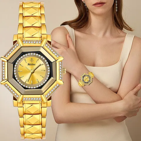 Reloj de Cuarzo de Lujo para Mujer Bisel de Estras Octágono Correa de Cadena Metálica