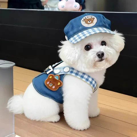 Conjunto de Arnés y Correa para Perro con Sombrero de Sol Lindo Denim Oso Diseño de Cuadros Ropa para Cachorros Perros Pequeños Gatos