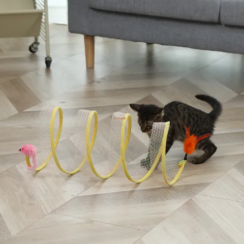 Collapsible Cat Tunnel Toy Mesh Spring Cat Tube With Feather And Bell Interactive Play Toy For Kittens Pet Supplies