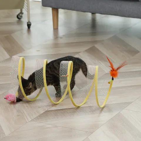 Collapsible Cat Tunnel Toy Mesh Spring Cat Tube With Feather And Bell Interactive Play Toy For Kittens Pet Supplies