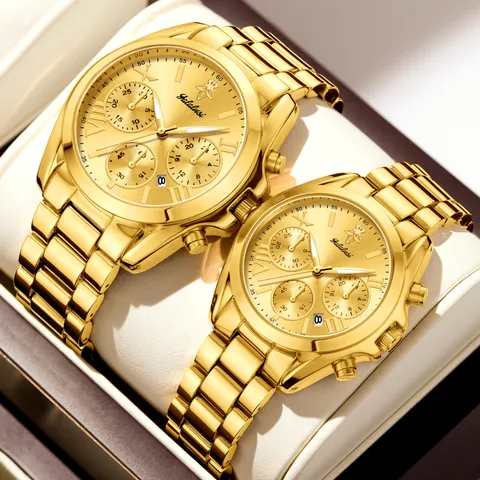 Relojes de Cuarzo de Pareja de Moda de Negocios Cronógrafo Aleación de Acero Inoxidable Reloj de Pulsera Impermeable Regalo para Hombres Mujeres