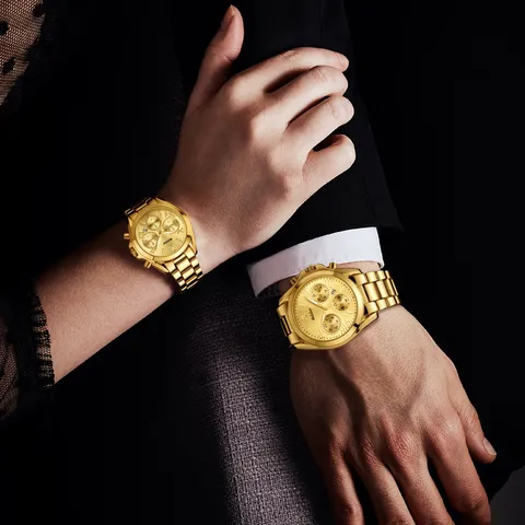 Relojes de Cuarzo de Pareja de Moda de Negocios Cronógrafo Aleación de Acero Inoxidable Reloj de Pulsera Impermeable Regalo para Hombres Mujeres
