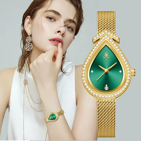 Reloj de Cuarzo de Estrass Gota de Agua de Lujo Mujeres Oro Plata Correa de Malla Impermeable Elegante Reloj de Pulsera Joyería