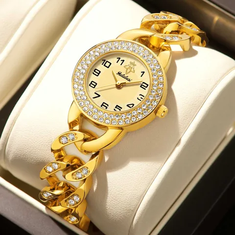 Reloj de Cuarzo de Lujo para Mujer con Bisel Completo de Strass y Correa de Cadena de Oro Plata Impermeable