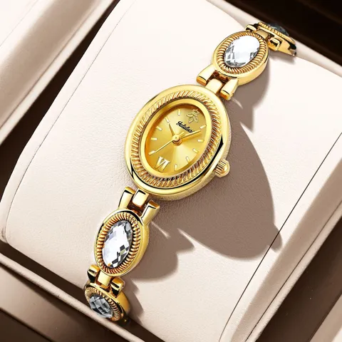 Montre à Quartz de Luxe pour Femmes Cadran Ovale Vintage Bracelet Chaîne Strass Montre-Bracelet en Alliage Bijoux Élégants