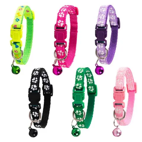 Pet Collar Nylon Webbing Cute Paw Print Puppy Cat Collar With Bell Safety Quick Release Buckle Pet Accessories