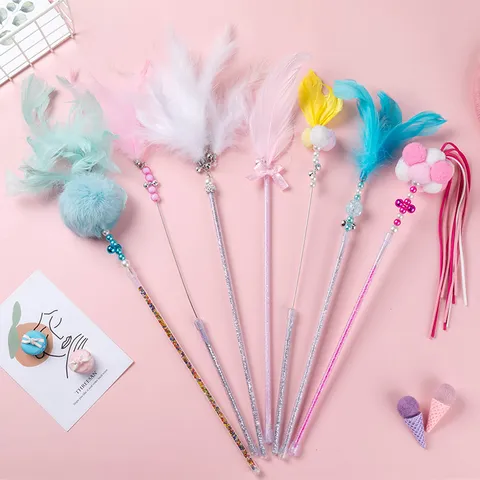 Interactive Cat Feather Teaser Wand Toy With Bell And Colorful Pom Poms Kitten Self Playing Chew Resistant Pet Supplies