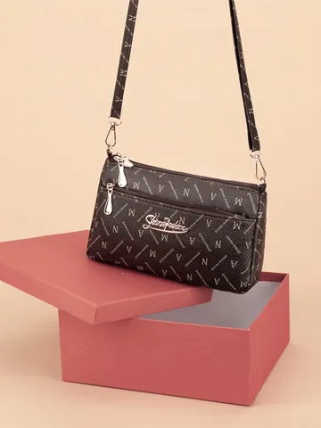 Women PU Leather Crossbody Bag Vintage Monogram Print Multi-Layer Large Capacity Shoulder Bag Casual Daily Messenger Bag